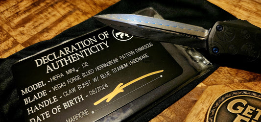 Microtech Hera II Mini Signature Series Vegas Forge “Blued Herringbone” Damascus D/E, “Claw Burst”, Blue Titanium Trim - Pre-owned, Factory Condition