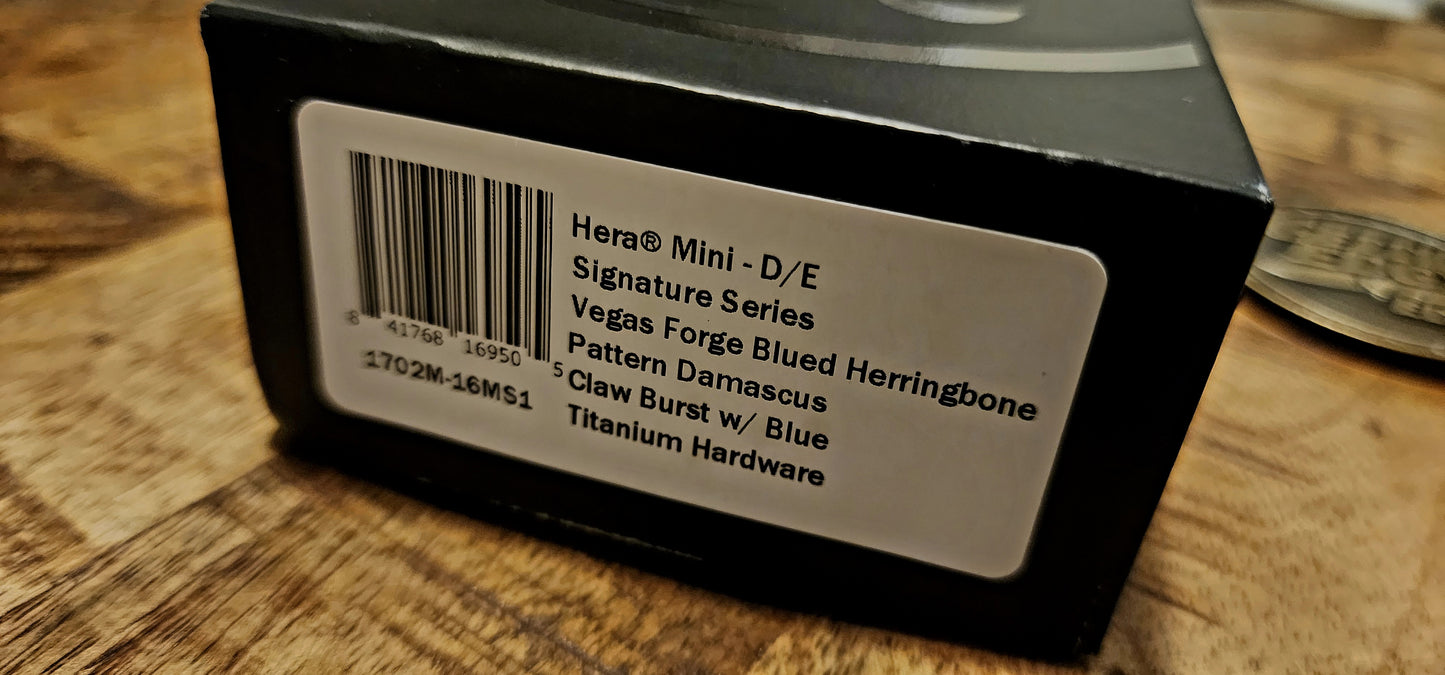 Microtech Hera II Mini Signature Series Vegas Forge “Blued Herringbone” Damascus D/E, “Claw Burst”, Blue Titanium Trim - Pre-owned, Factory Condition