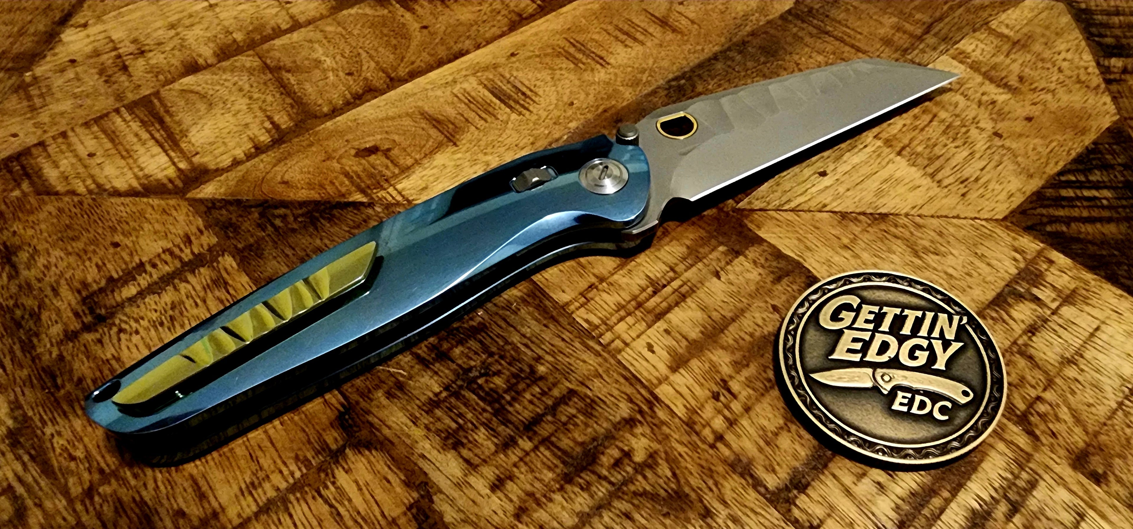 Ketuo Dirty Bird, Button Lock, Blue Titanium/Mokuti, M390 Blade, New
