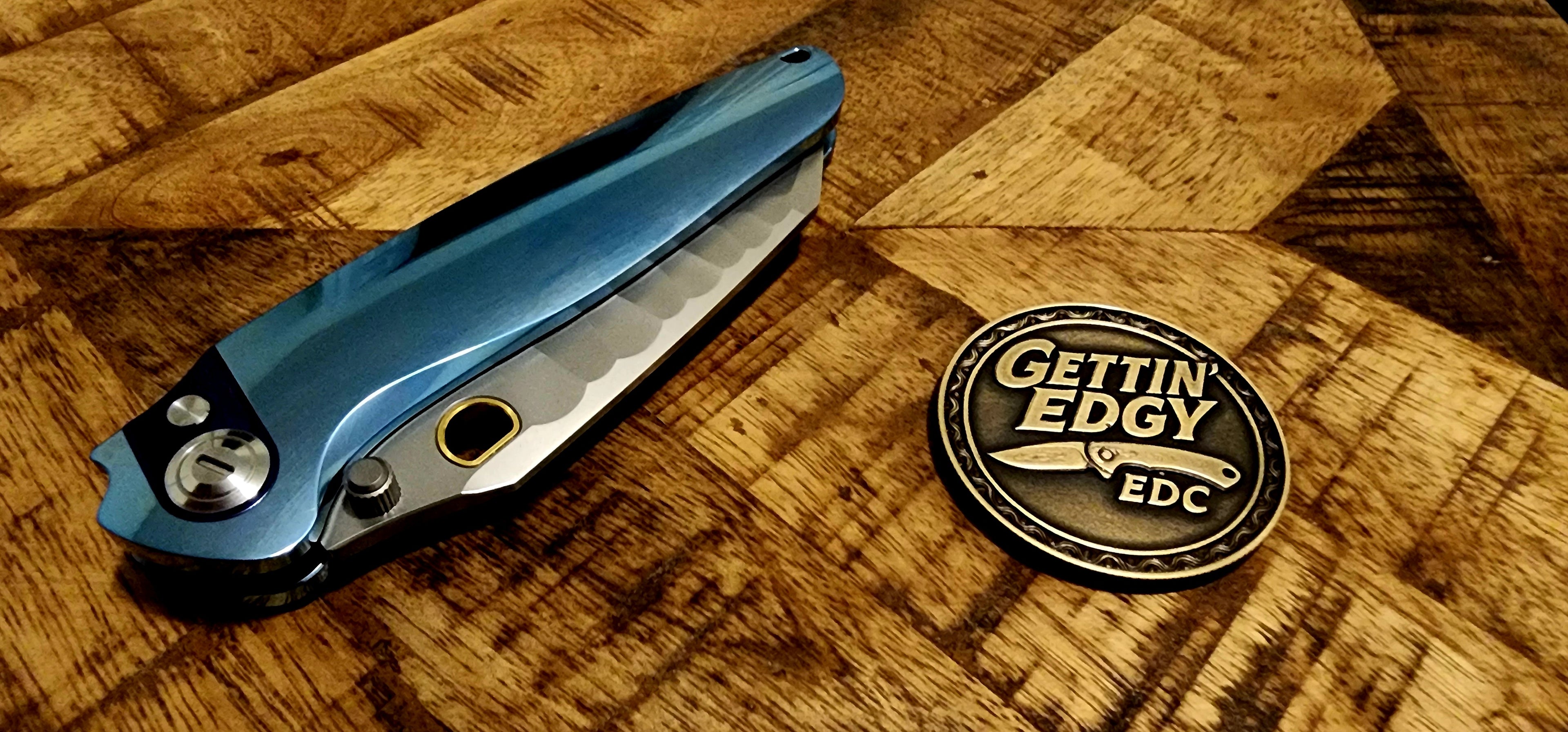 Ketuo Dirty Bird, Button Lock, Blue Titanium/Mokuti, M390 Blade, New