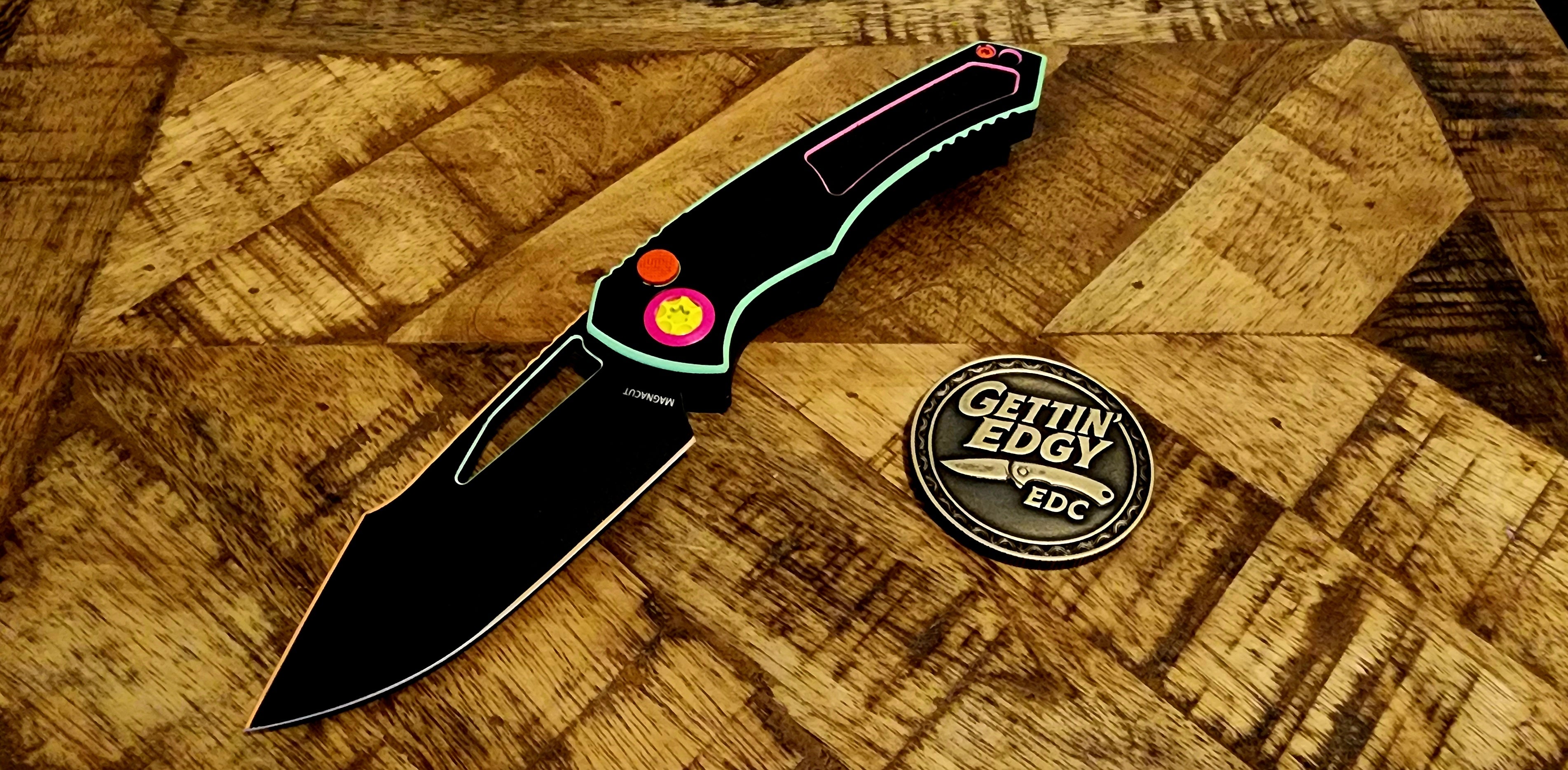 Heretic Knives 80's Neon CEL Shade Pariah, Manual Button-Lock Folder - Pre-Owned