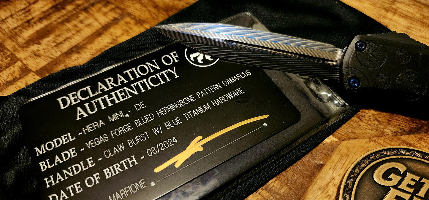 Microtech Hera II Mini Signature Series Vegas Forge “Blued Herringbone” Damascus D/E, “Claw Burst”, Blue Titanium Trim - Pre-owned, Factory Condition