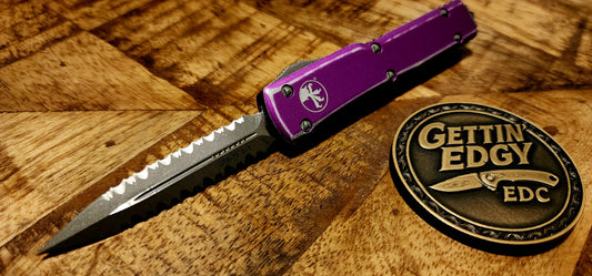 Microtech UTX-70 Double full-serrated Apocalyptic Distressed Violet - Pre-Owned - Factory Condition
