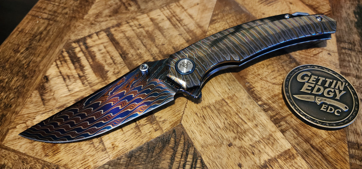 VORIXN "Chromaforge" (3.7" Damascus Blade) Hand-Flamed Titanium Handle Flipper