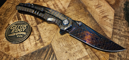 VORIXN "Chromaforge" (3.7" Damascus Blade) Hand-Flamed Titanium Handle Flipper