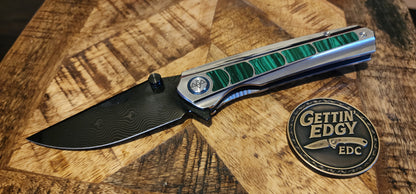 VORIXN "Forest Mirage" Flipper & Thumb Stud Knife Malachite Inlaid Titanium Handle (3.6" Damascus DLC Blade) KB131