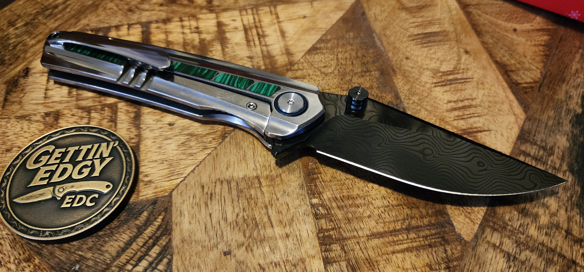 VORIXN "Forest Mirage" Flipper & Thumb Stud Knife Malachite Inlaid Titanium Handle (3.6" Damascus DLC Blade) KB131