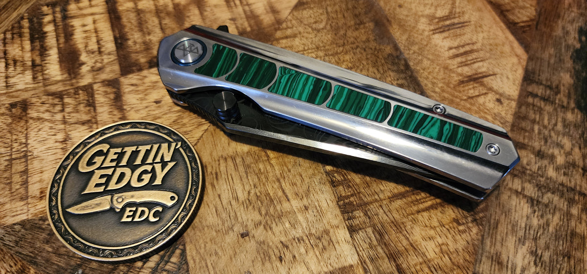 VORIXN "Forest Mirage" Flipper & Thumb Stud Knife Malachite Inlaid Titanium Handle (3.6" Damascus DLC Blade) KB131