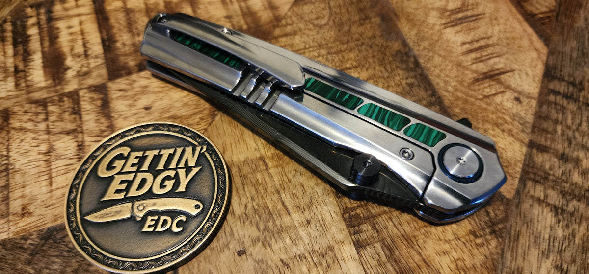 VORIXN "Forest Mirage" Flipper & Thumb Stud Knife Malachite Inlaid Titanium Handle (3.6" Damascus DLC Blade) KB131