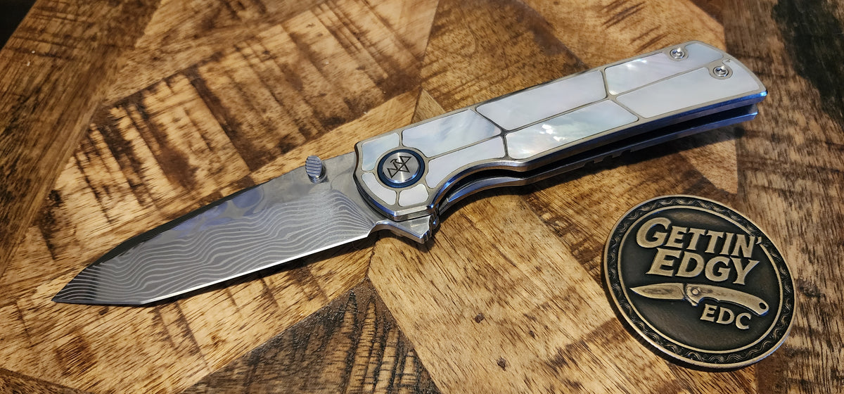 VORIXN "Ocean Mirage" Flipper & Thumb Stud Knife White Mother-of-pearl Inlaid Titanium Handle (3.4" Damascus Blade) KB063