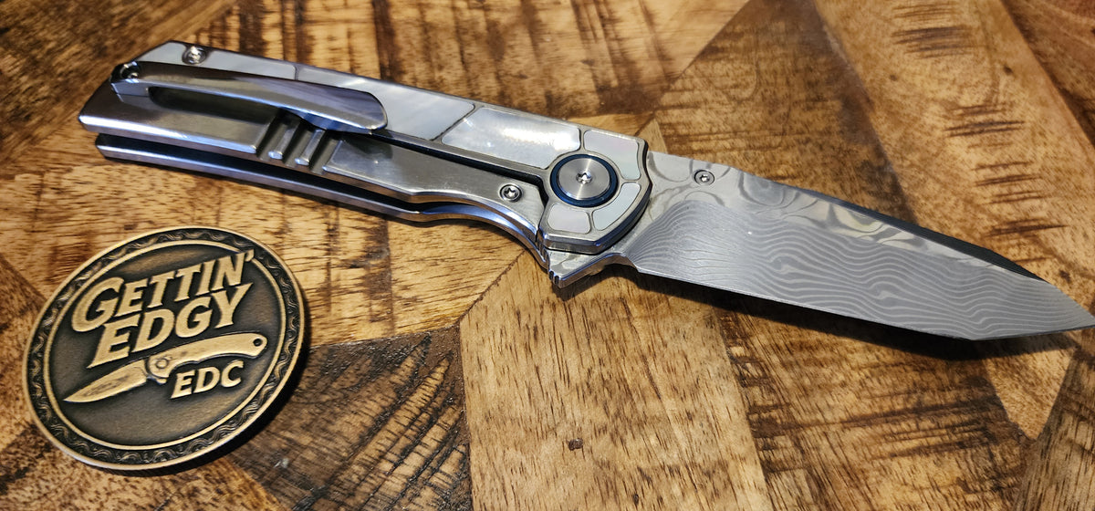 VORIXN "Ocean Mirage" Flipper & Thumb Stud Knife White Mother-of-pearl Inlaid Titanium Handle (3.4" Damascus Blade) KB063